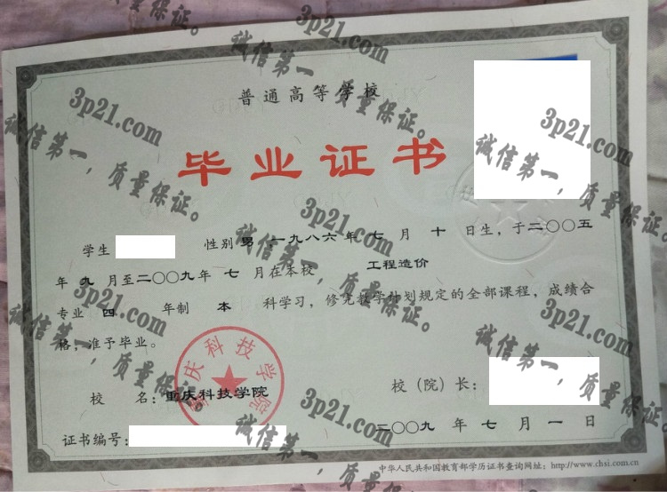 重庆科技学院毕业证样本